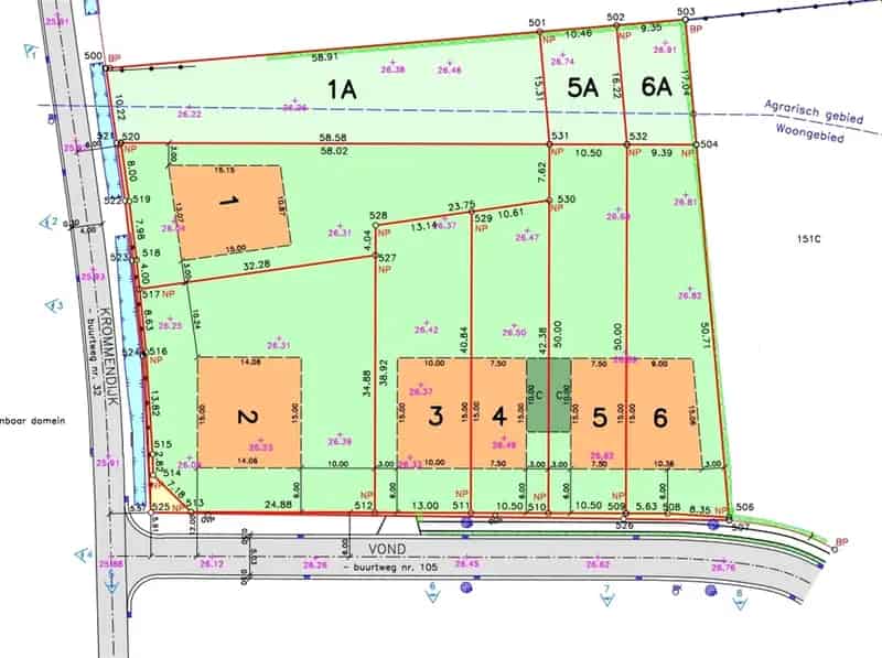 Verkaveling van 6 kavels voor 4 HOB en 2 OB