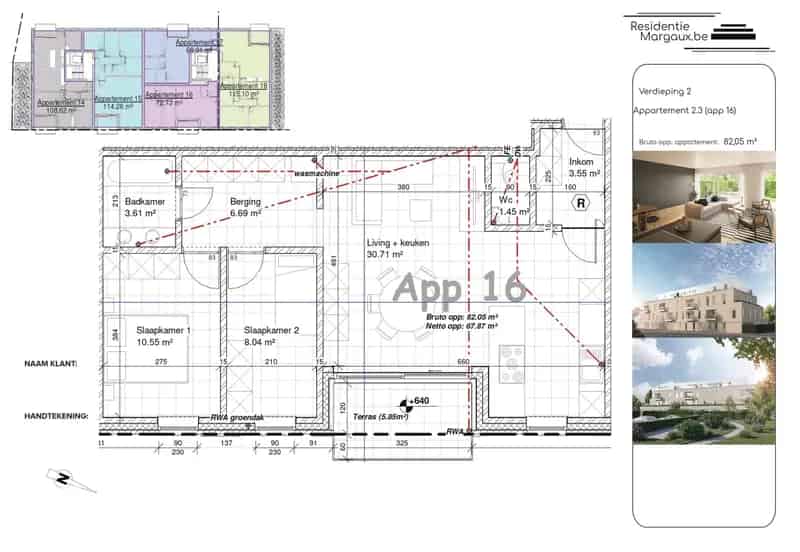 Gelegen op de tweede verdieping vinden we dit appartement terug met 2 slaapkamers en terras.
Het appartement is volledig afgewerkt met oog voor kwaliteit afwerking en comfort!
Het appartement heeft 82,05m² bewoonbare oppervlakte!

Qua indeling vinden we v