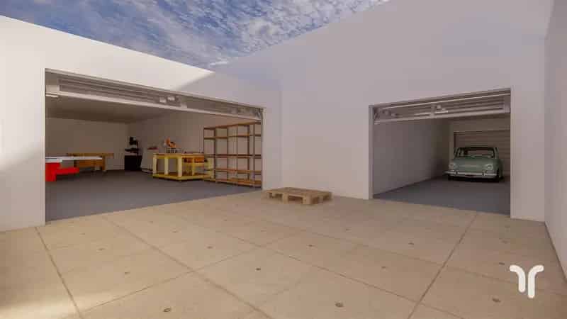 Werkplaats, of opslagplaats met garage voor twee wagens, terras.